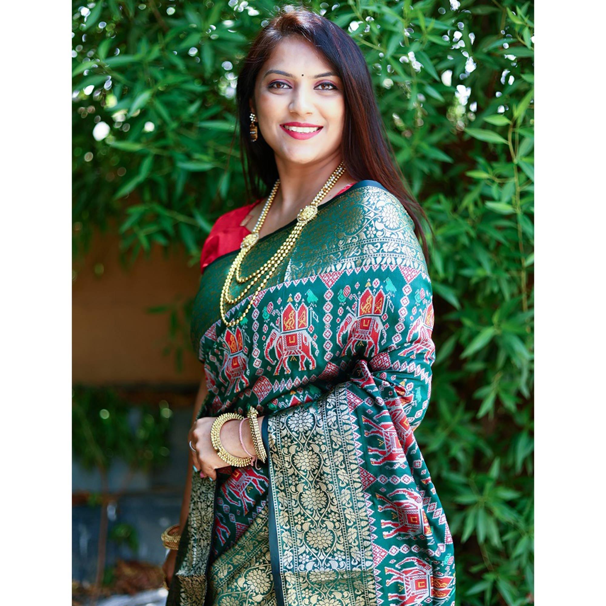 Green Patola Printed Silk Saree - Peachmode