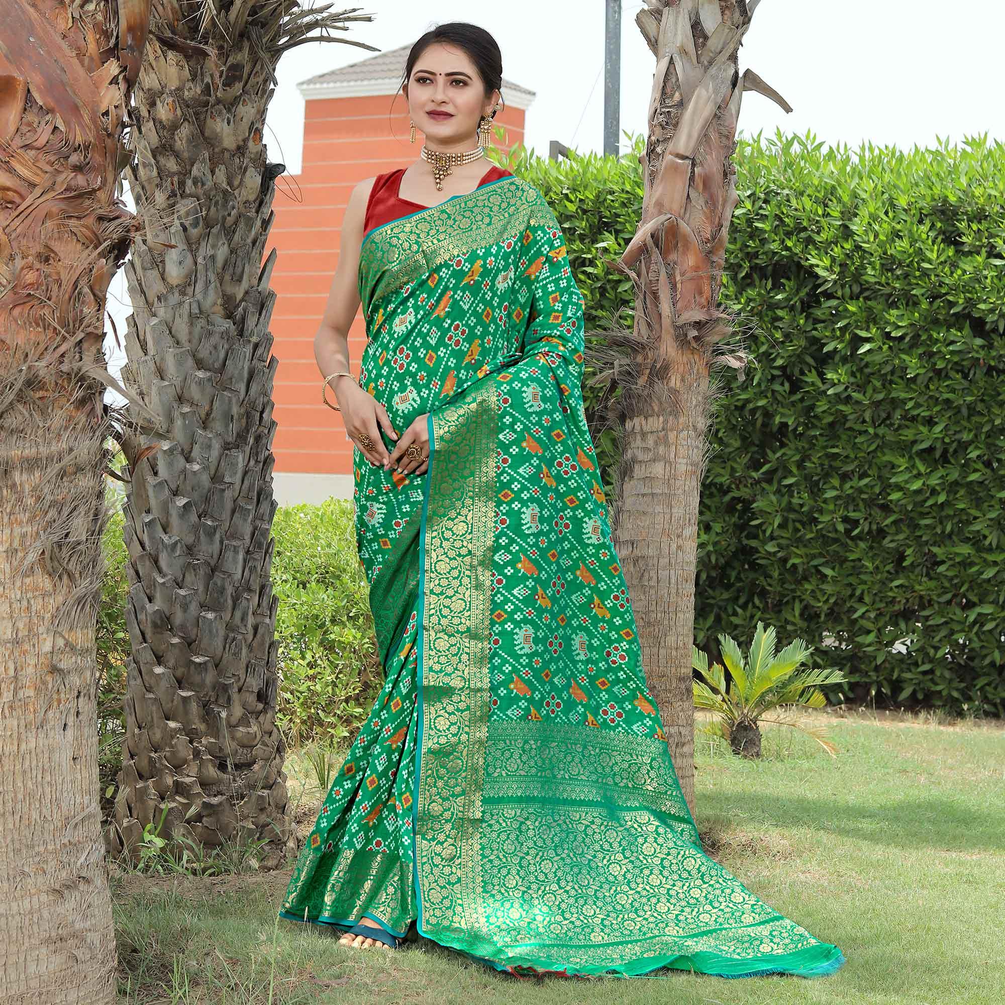 Green Patola Printed With Woven Border Banarasi Silk Saree - Peachmode
