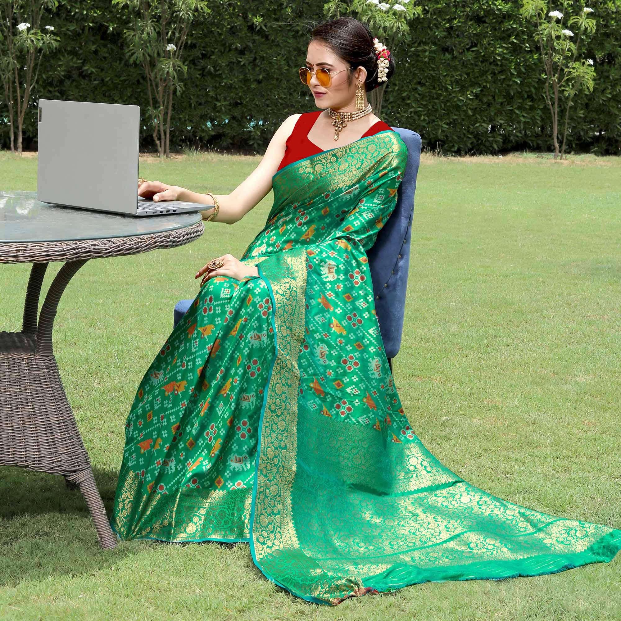 Green Patola Printed With Woven Border Banarasi Silk Saree - Peachmode