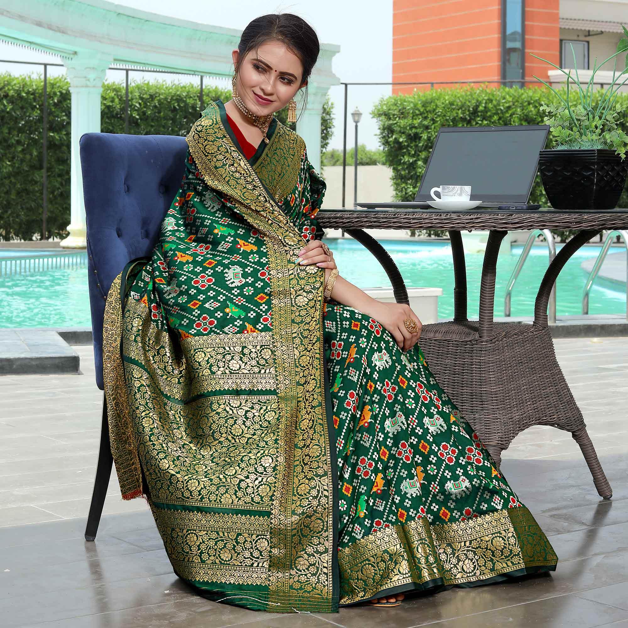 Green Patola Printed With Woven Border Banarasi Silk Saree - Peachmode