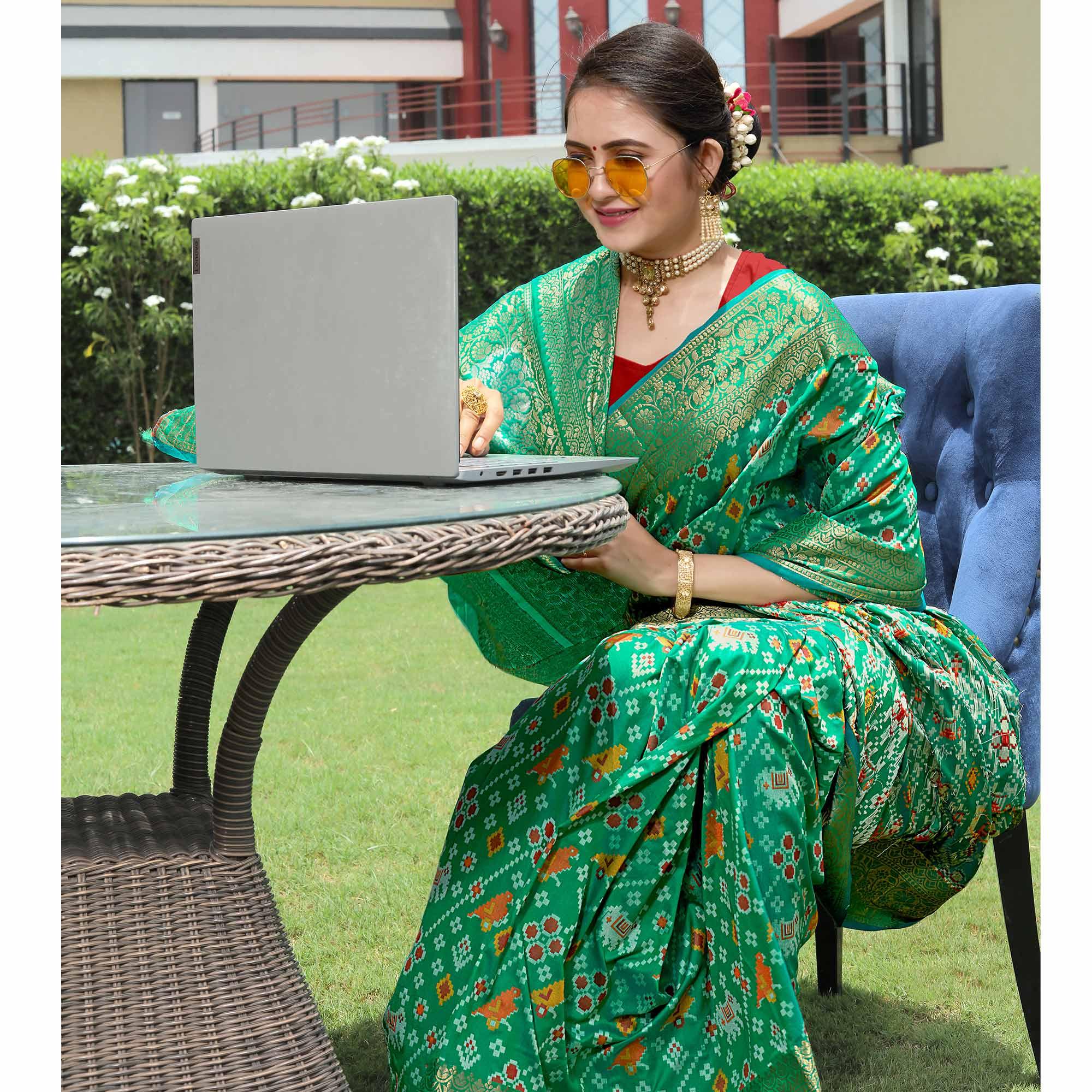 Green Patola Printed With Woven Border Banarasi Silk Saree - Peachmode