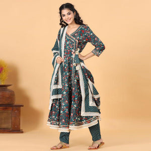 Green Patywear Floral Printed With Gotta Patti Cotton Anarkali Suit - Peachmode