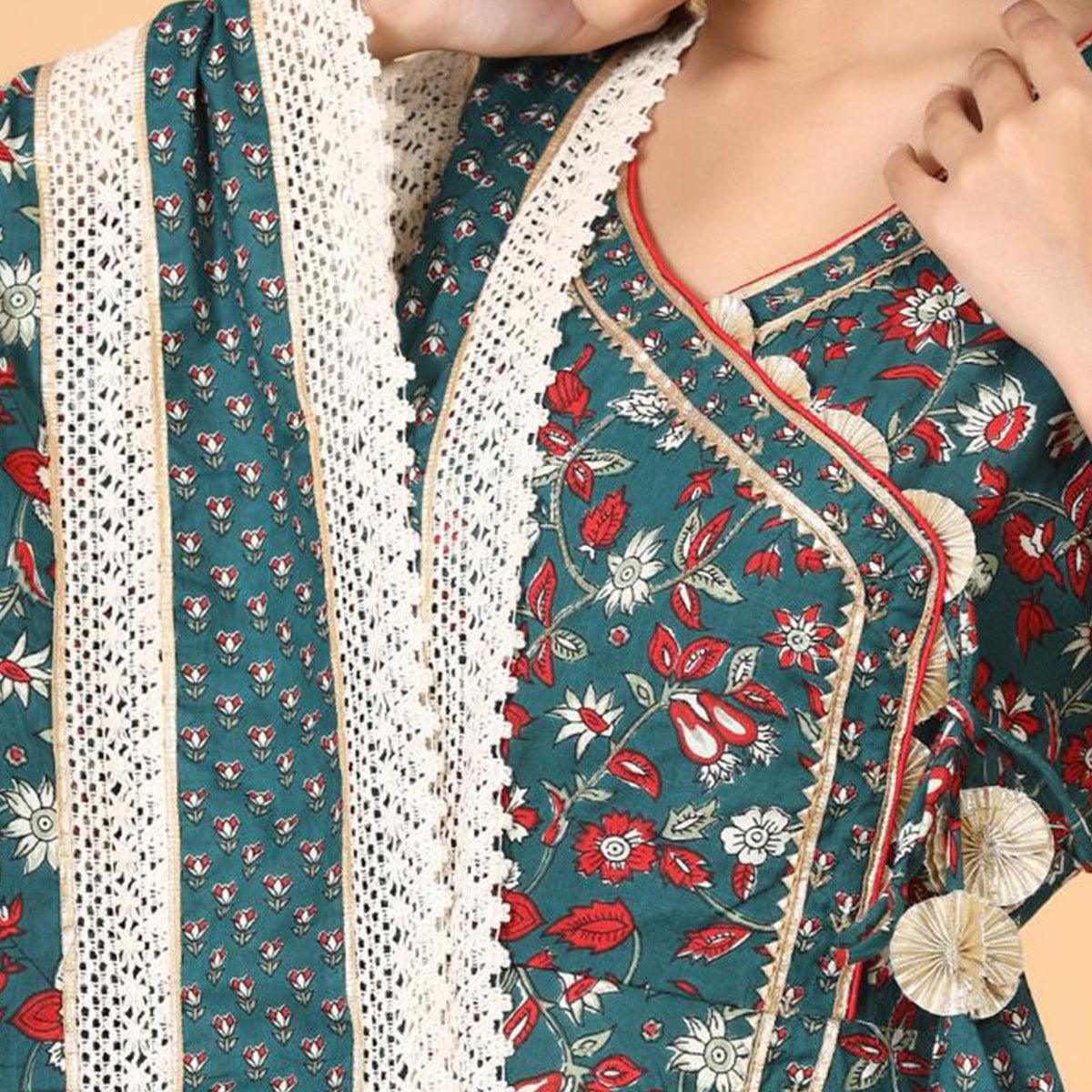 Green Patywear Floral Printed With Gotta Patti Cotton Anarkali Suit - Peachmode
