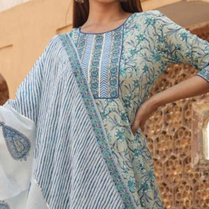 Green Patywear Floral Printed With Handwork Cotton Anarkali Suit - Peachmode