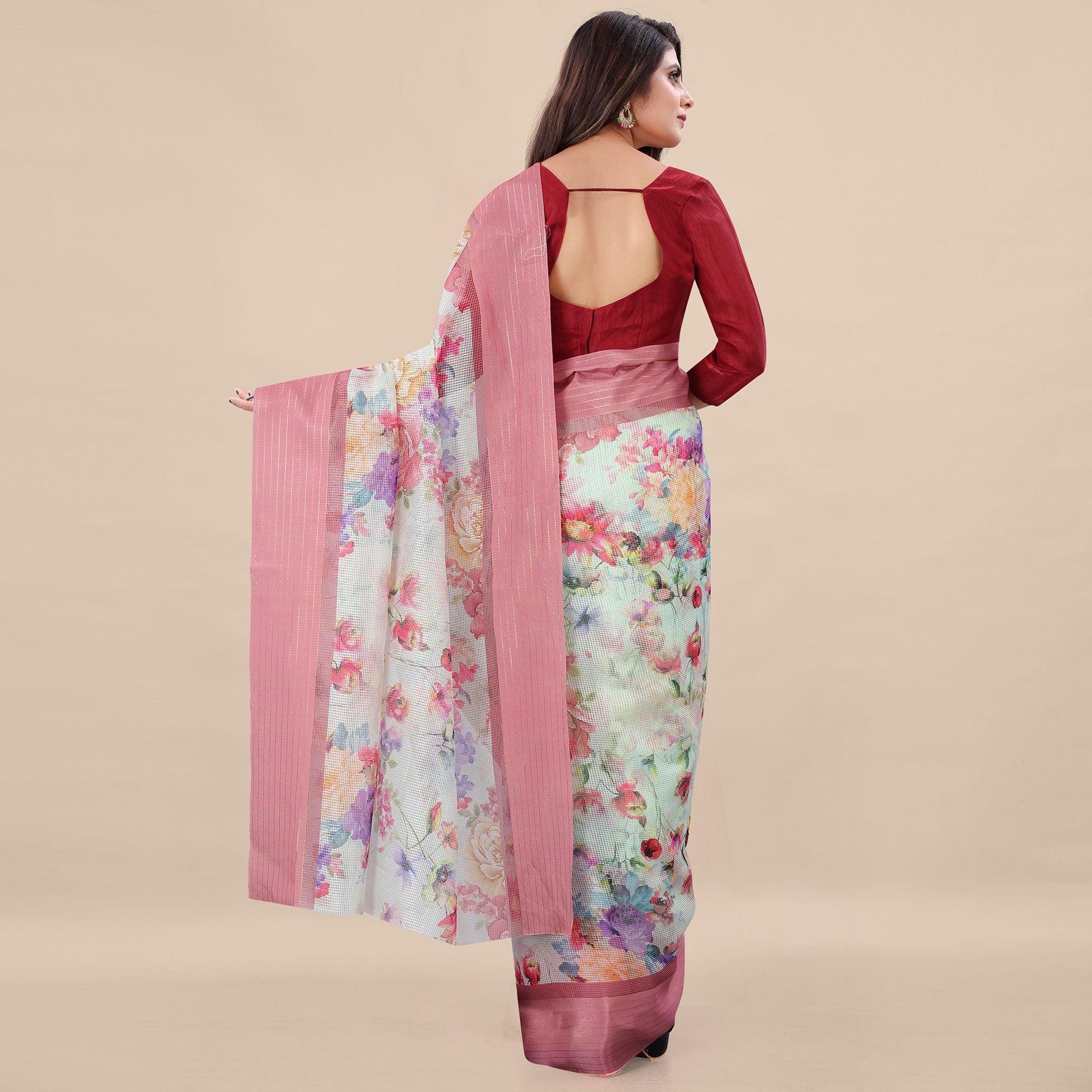 Green - Peach Casual Wear Floral Digital Printed Silk Saree With Woven Border - Peachmode