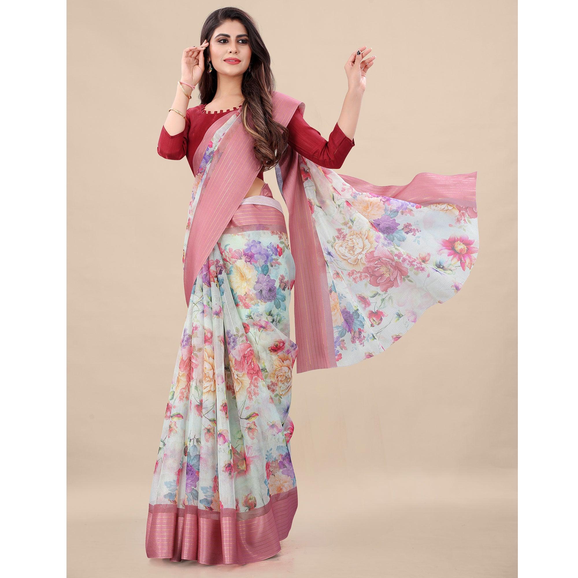 Green - Peach Casual Wear Floral Digital Printed Silk Saree With Woven Border - Peachmode