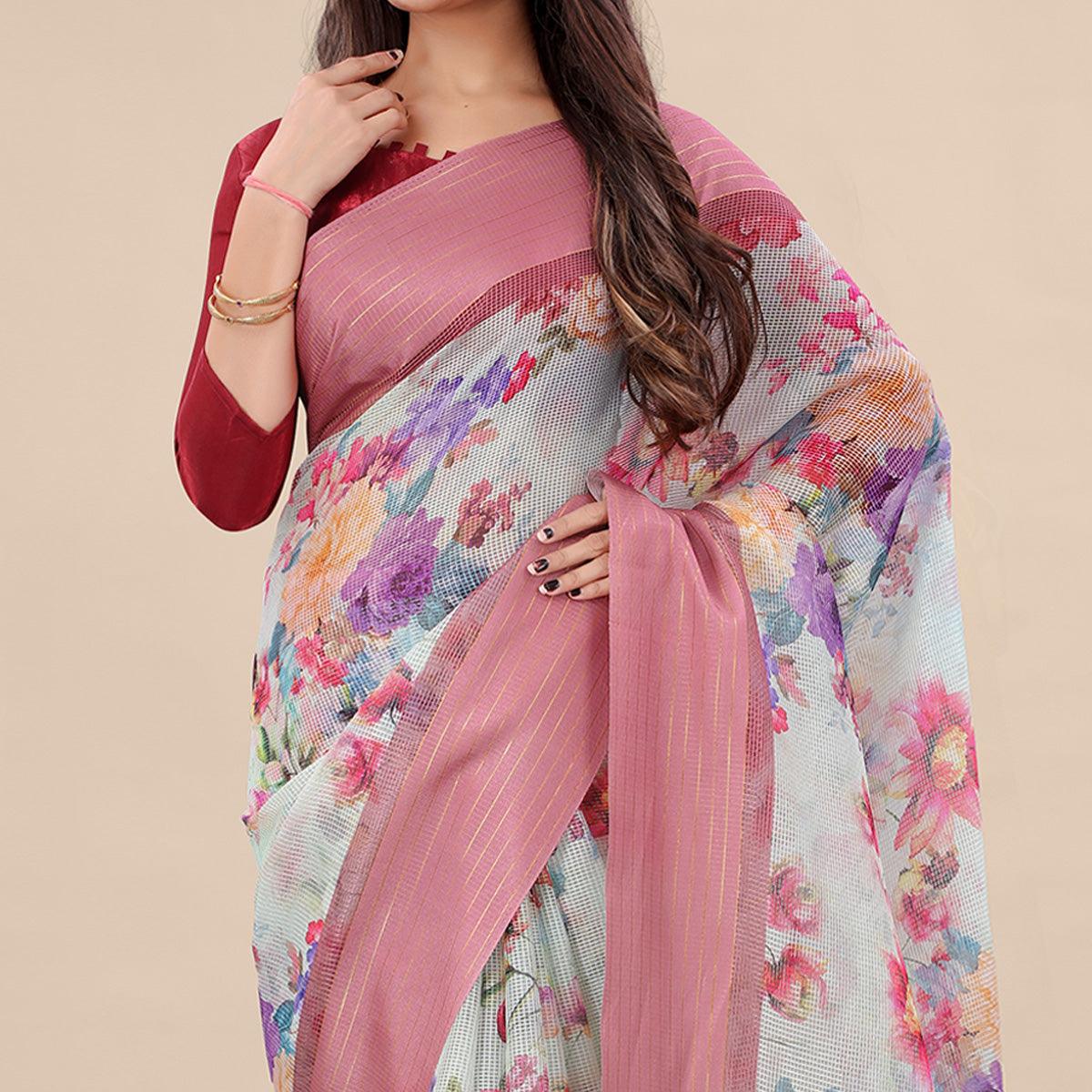Green - Peach Casual Wear Floral Digital Printed Silk Saree With Woven Border - Peachmode