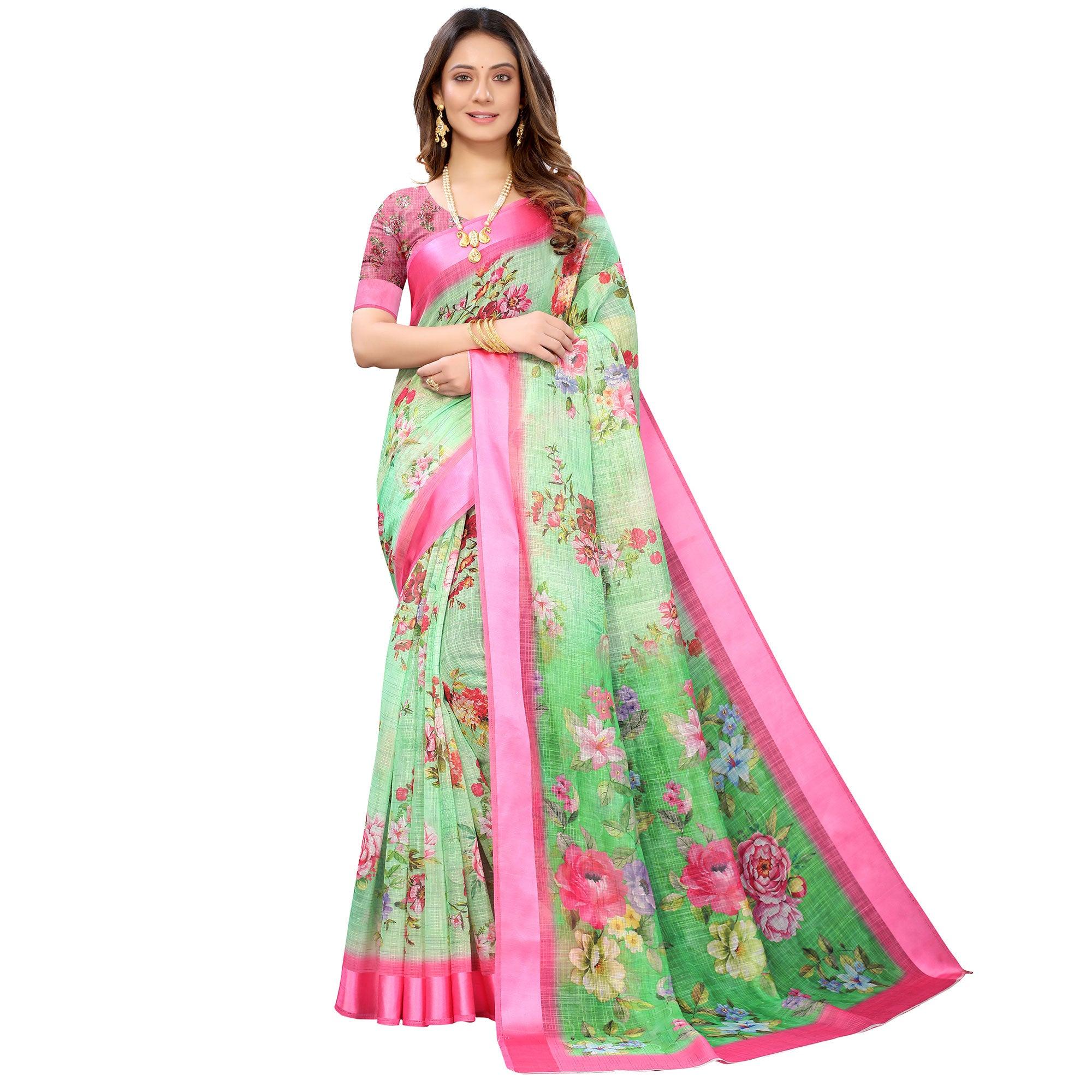 Green-Pink Casual Wear Floral Digital Printed Linen Slub saree - Peachmode