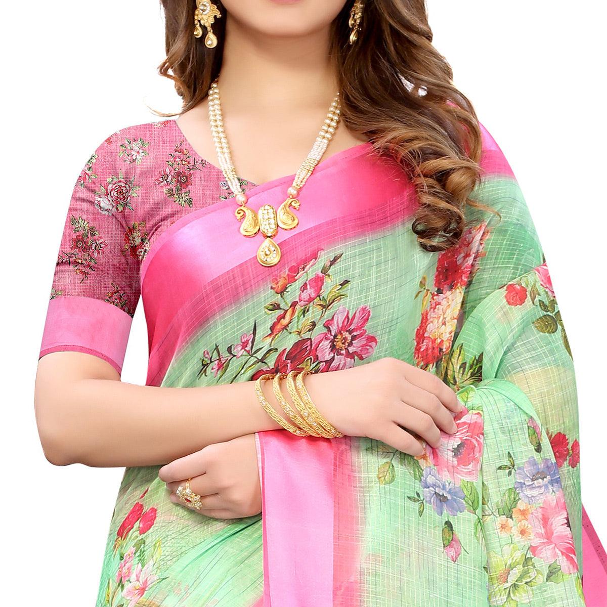 Green-Pink Casual Wear Floral Digital Printed Linen Slub saree - Peachmode