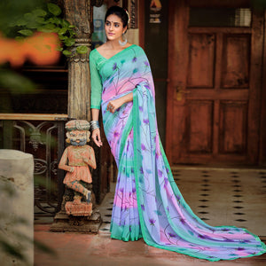 Green-Pink Casual Wear Floral Printed Chiffon Saree With Fancy Blouse - Peachmode