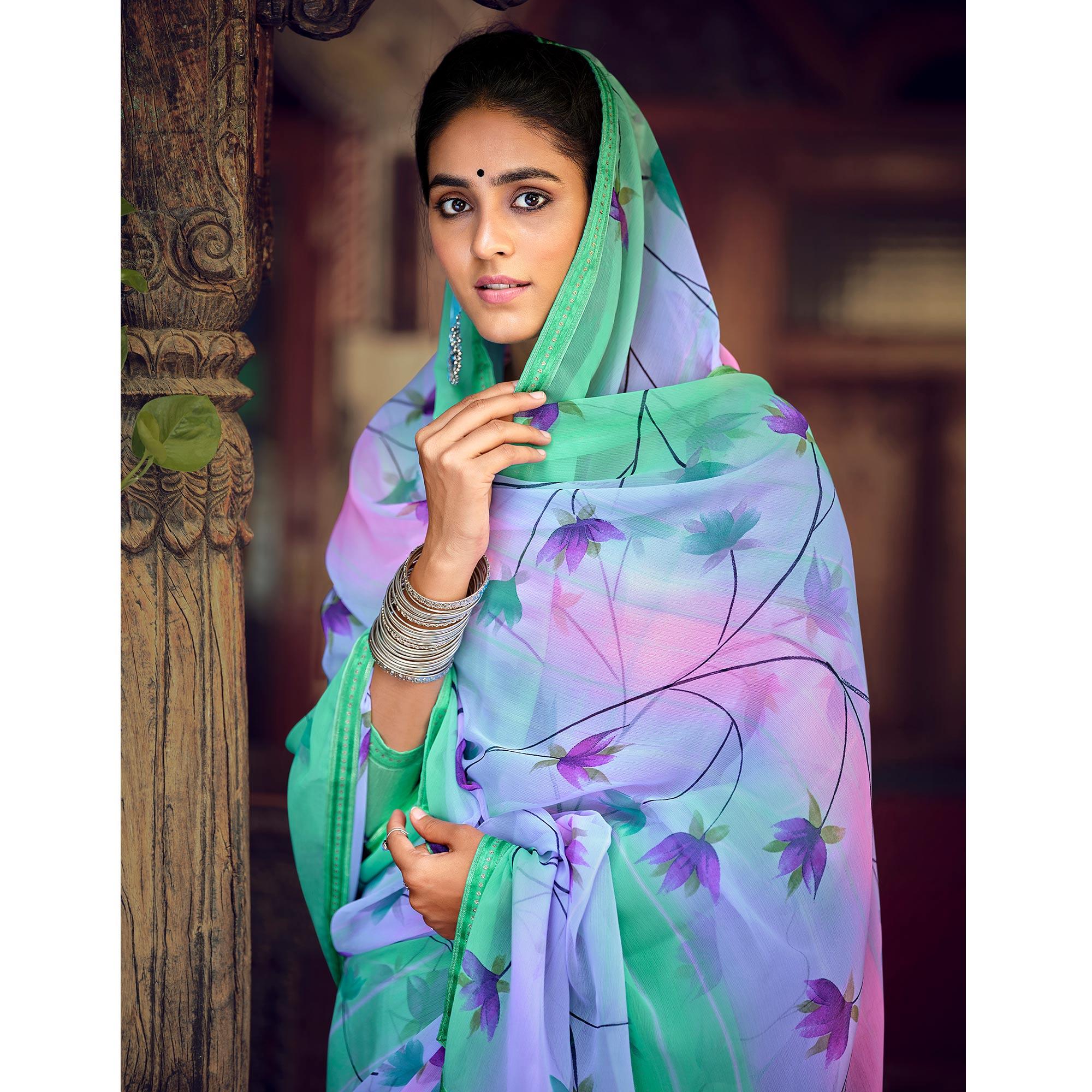 Green-Pink Casual Wear Floral Printed Chiffon Saree With Fancy Blouse - Peachmode