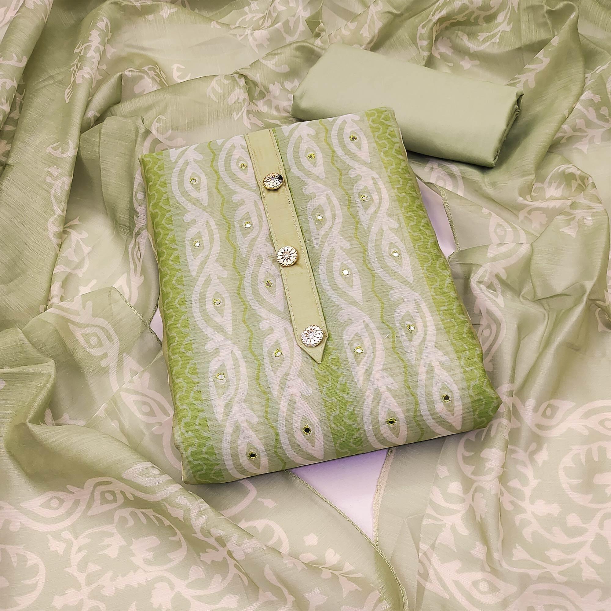 Green Printed & Mirror Work Chanderi Dress Material - Peachmode