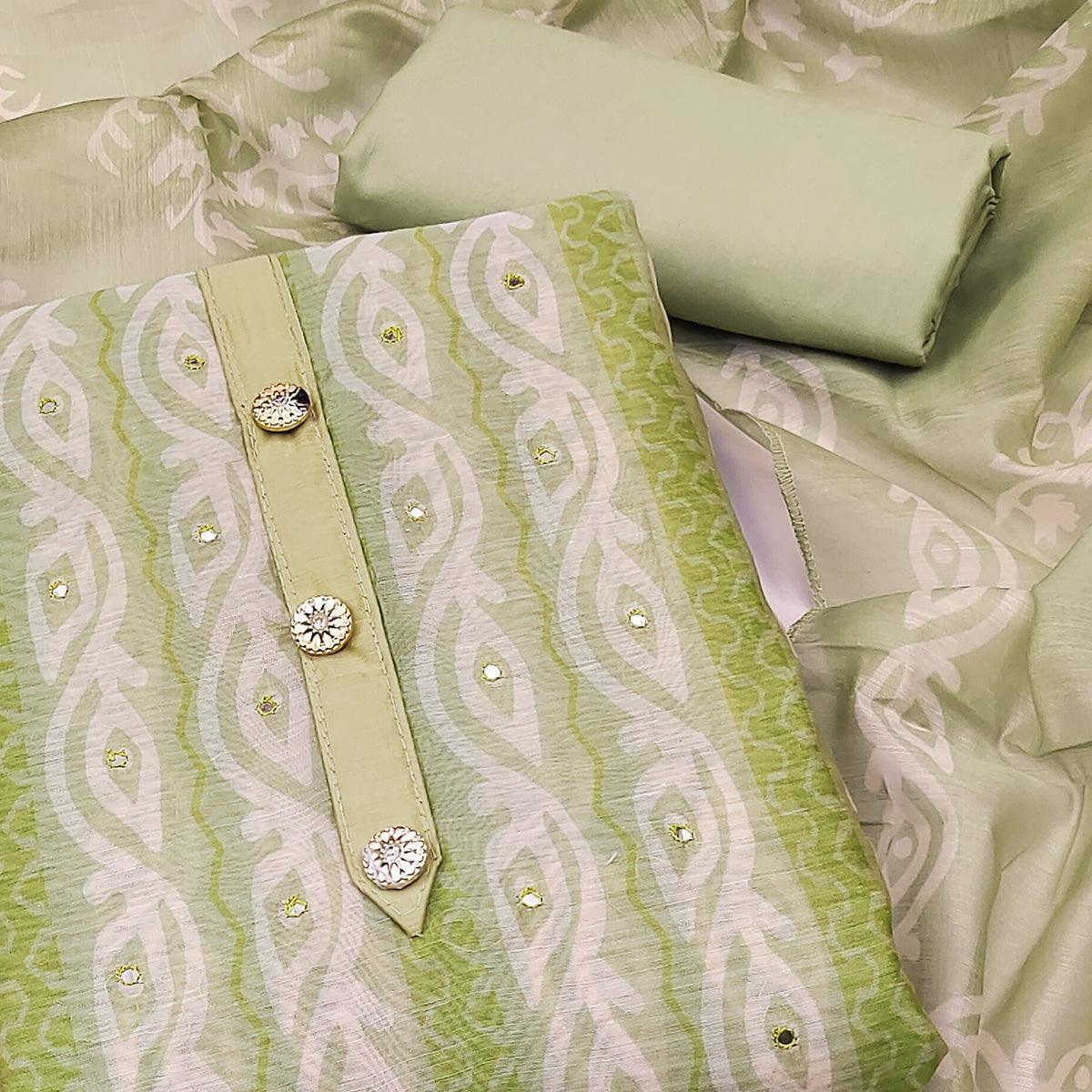 Green Printed & Mirror Work Chanderi Dress Material - Peachmode