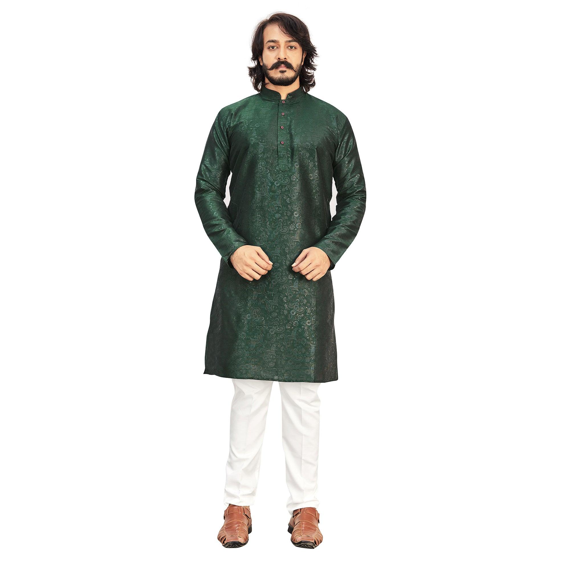 Green Printed Art Silk Men's Kurta Pyjama Set - Peachmode