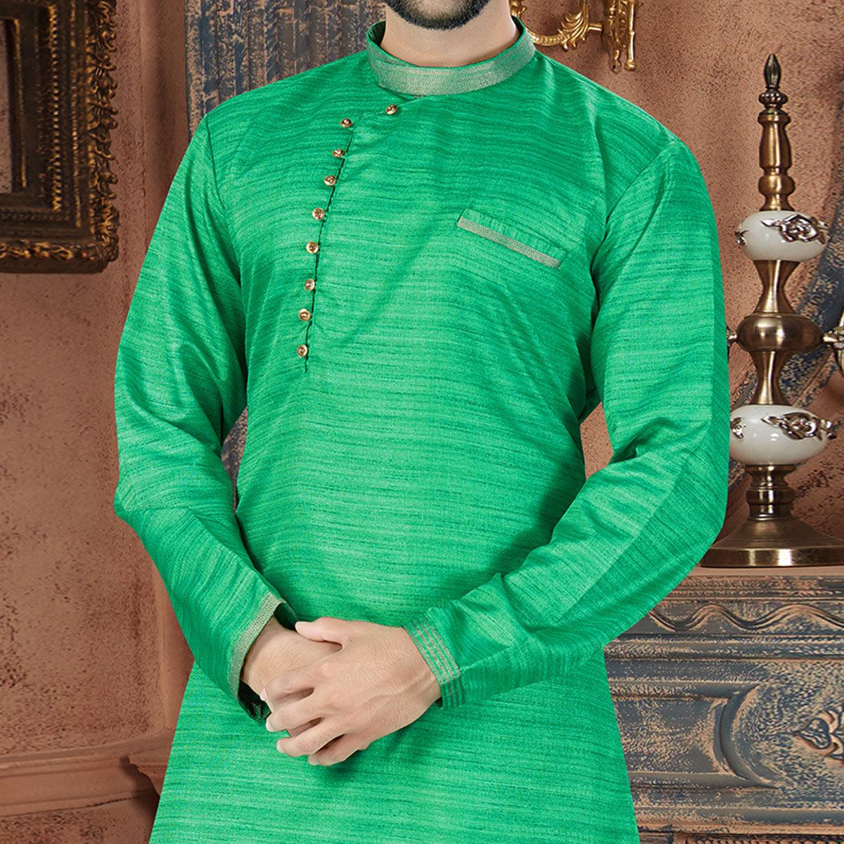 Green Printed Art Silk Men's Kurta Pyjama Set - Peachmode