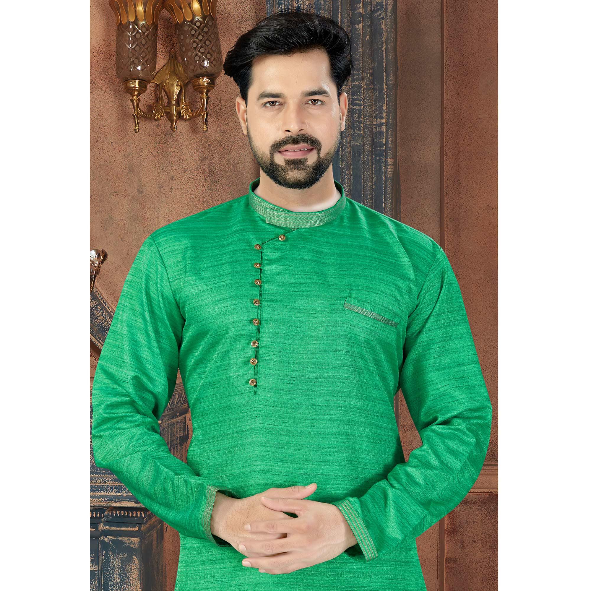 Green Printed Art Silk Men's Kurta Pyjama Set - Peachmode