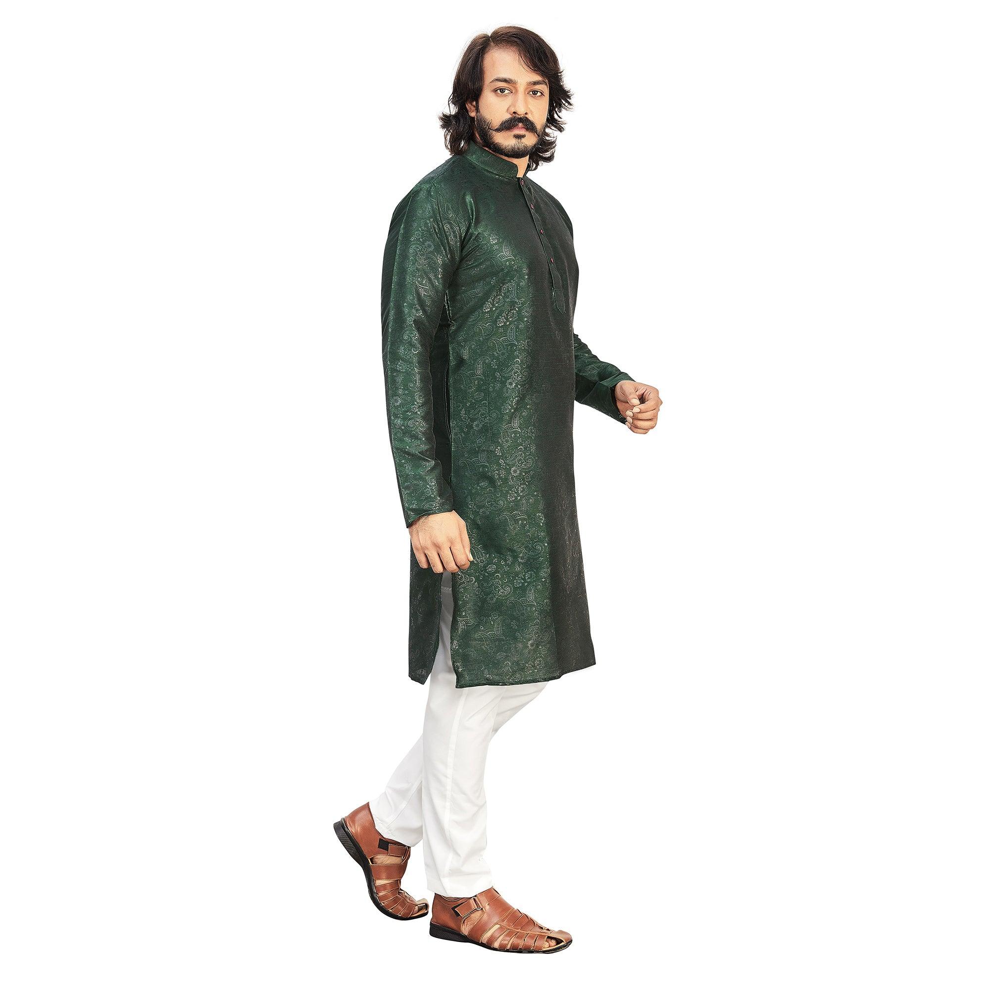 Green Printed Art Silk Men's Kurta Pyjama Set - Peachmode