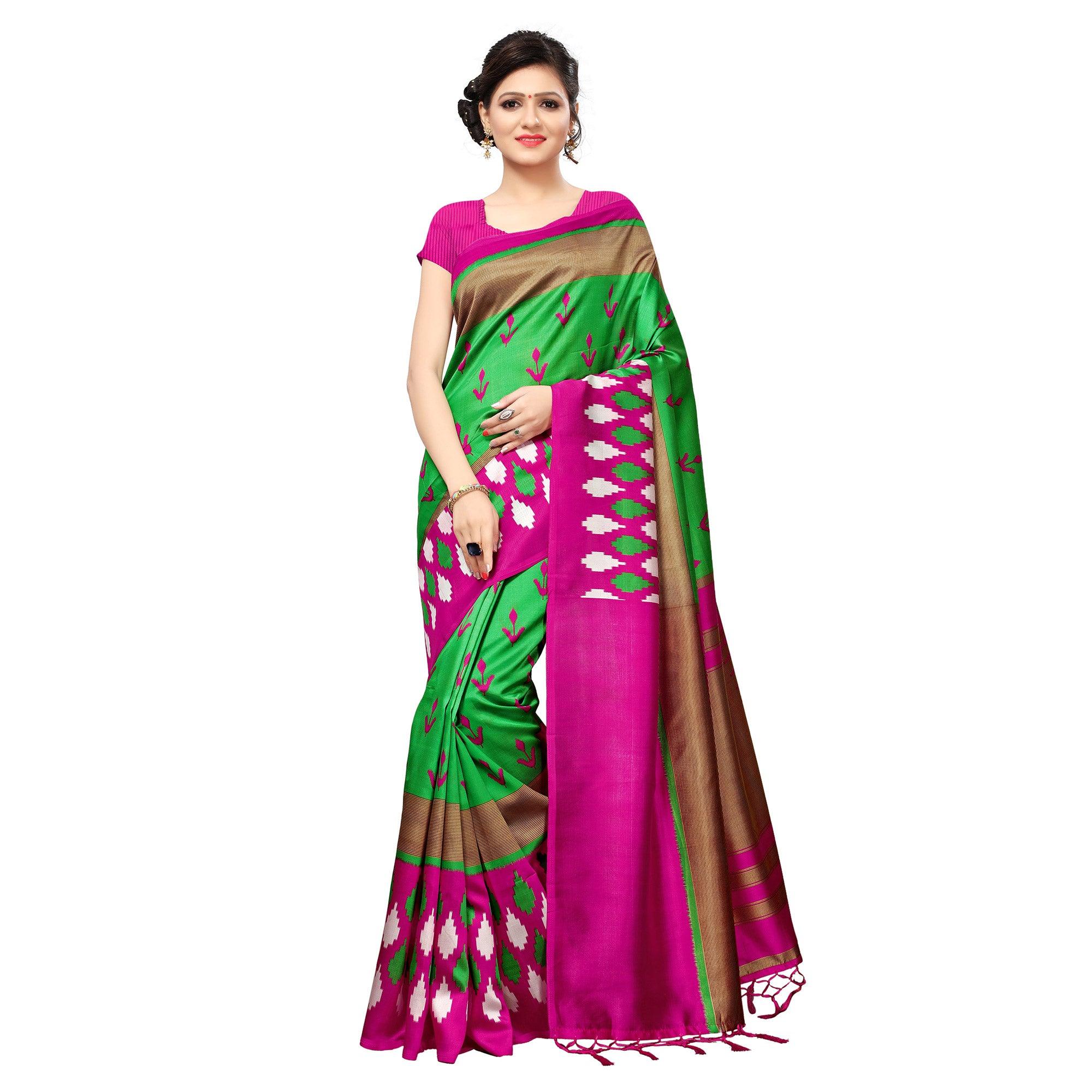 Green Printed Art Silk Saree - Peachmode