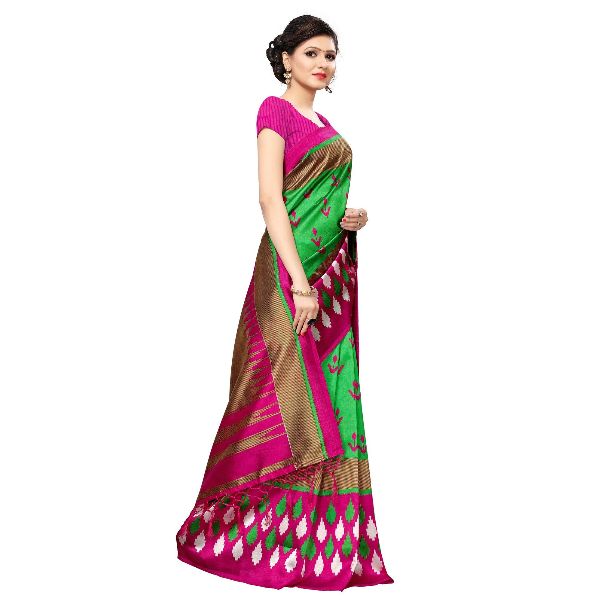 Green Printed Art Silk Saree - Peachmode