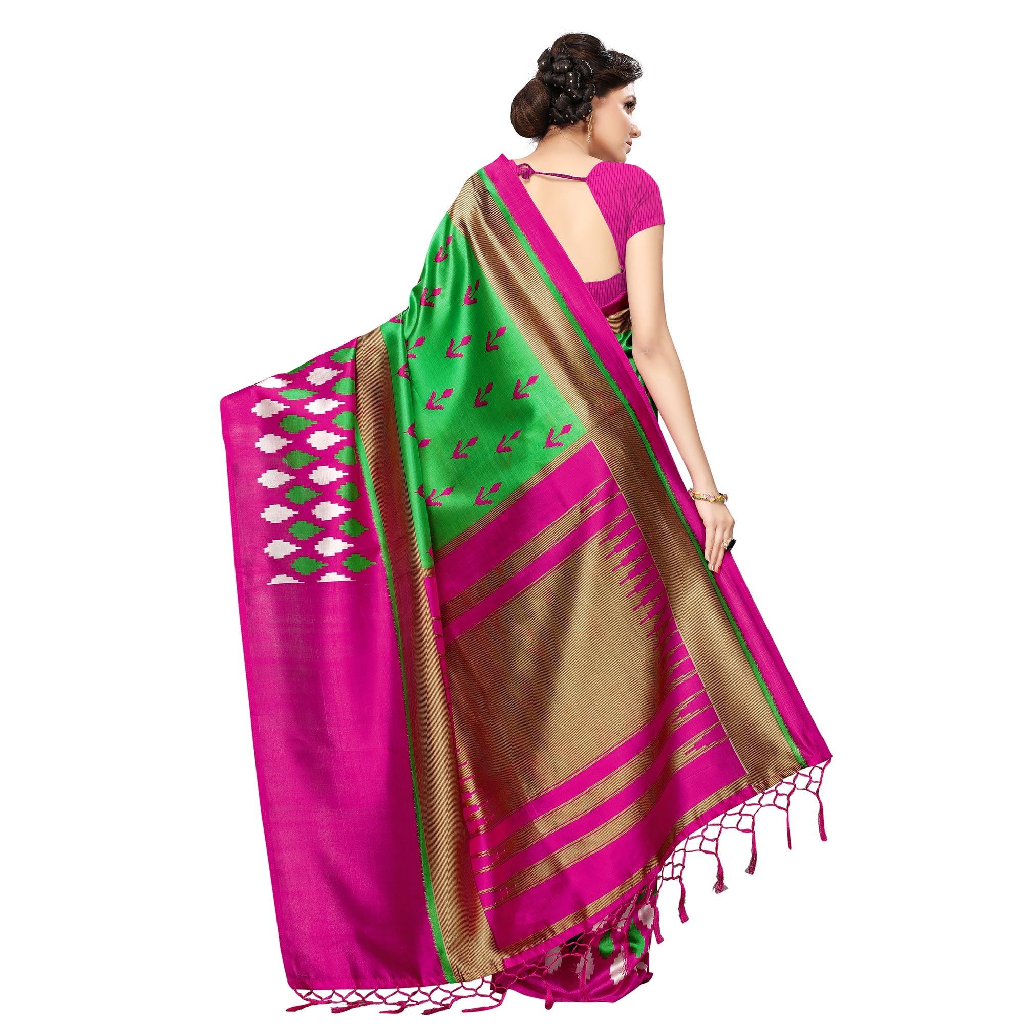 Green Printed Art Silk Saree - Peachmode