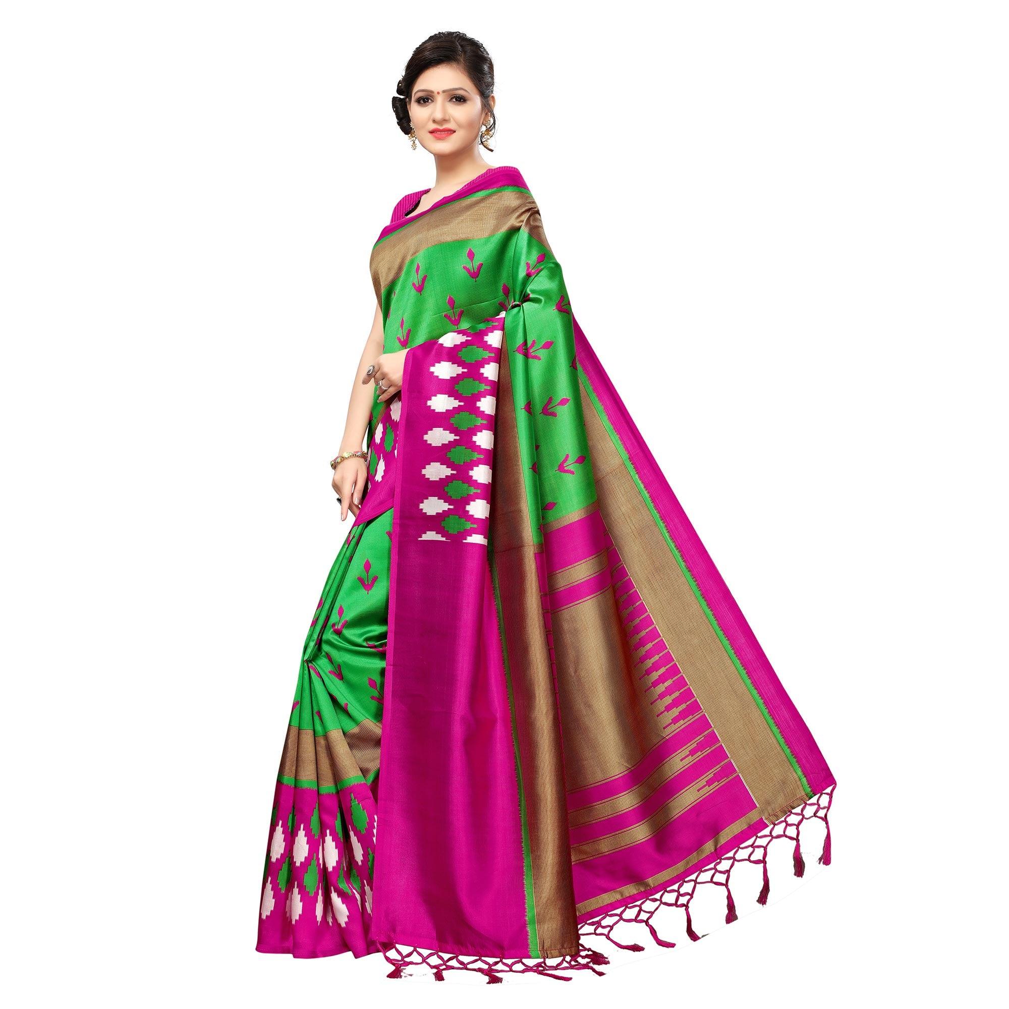 Green Printed Art Silk Saree - Peachmode