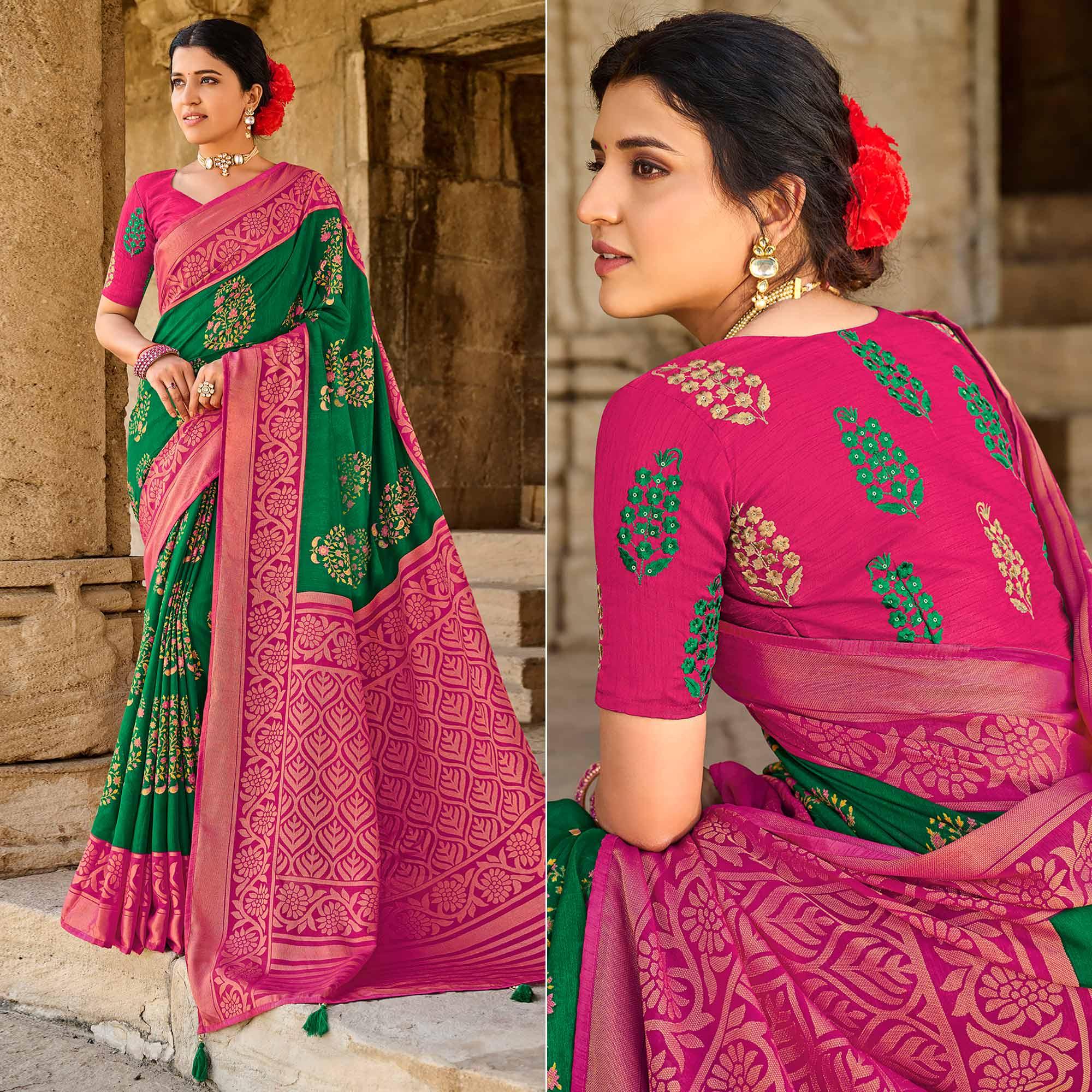 Green Printed Art Silk Saree With Tassels - Peachmode
