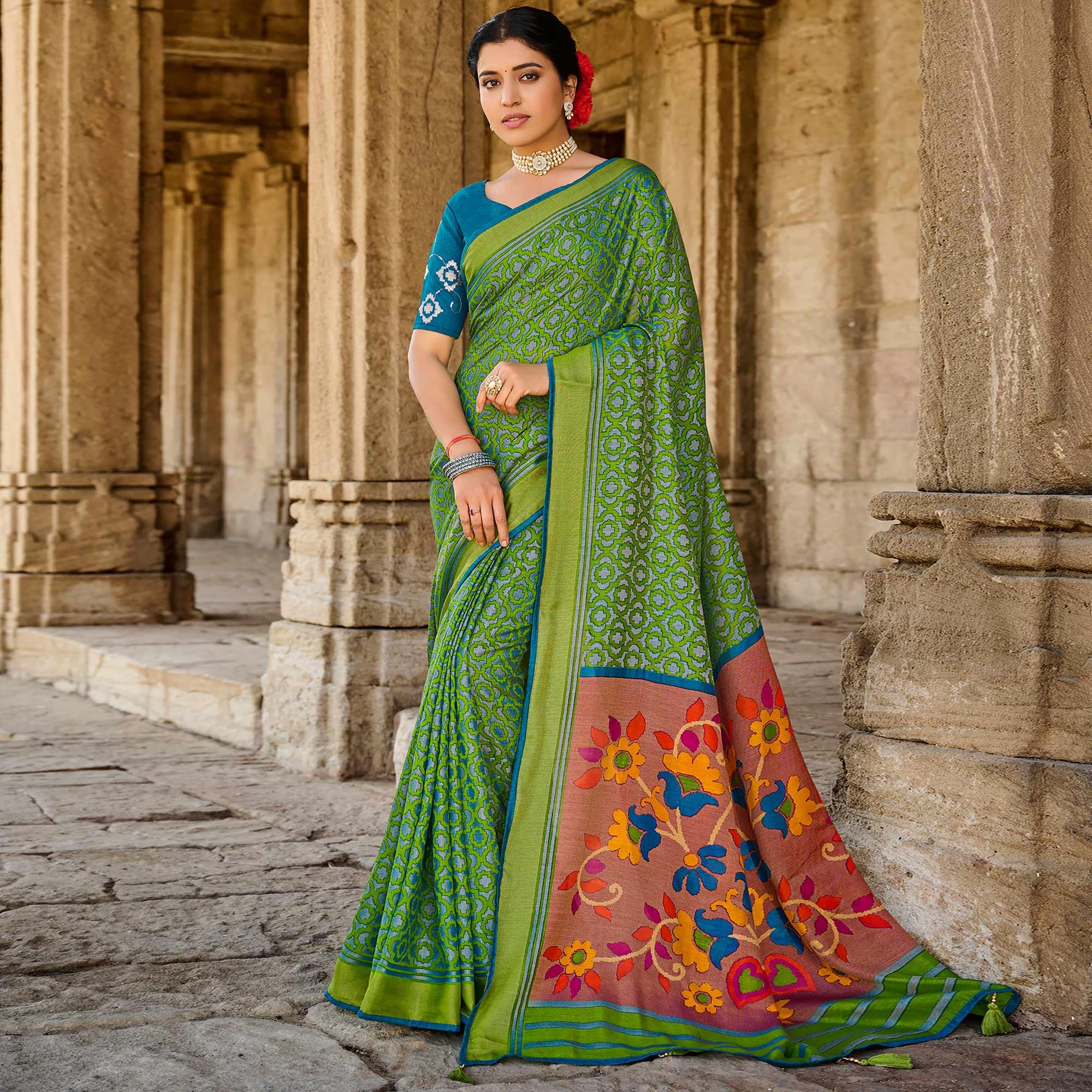 Green Printed Art Silk Saree With Tassels - Peachmode