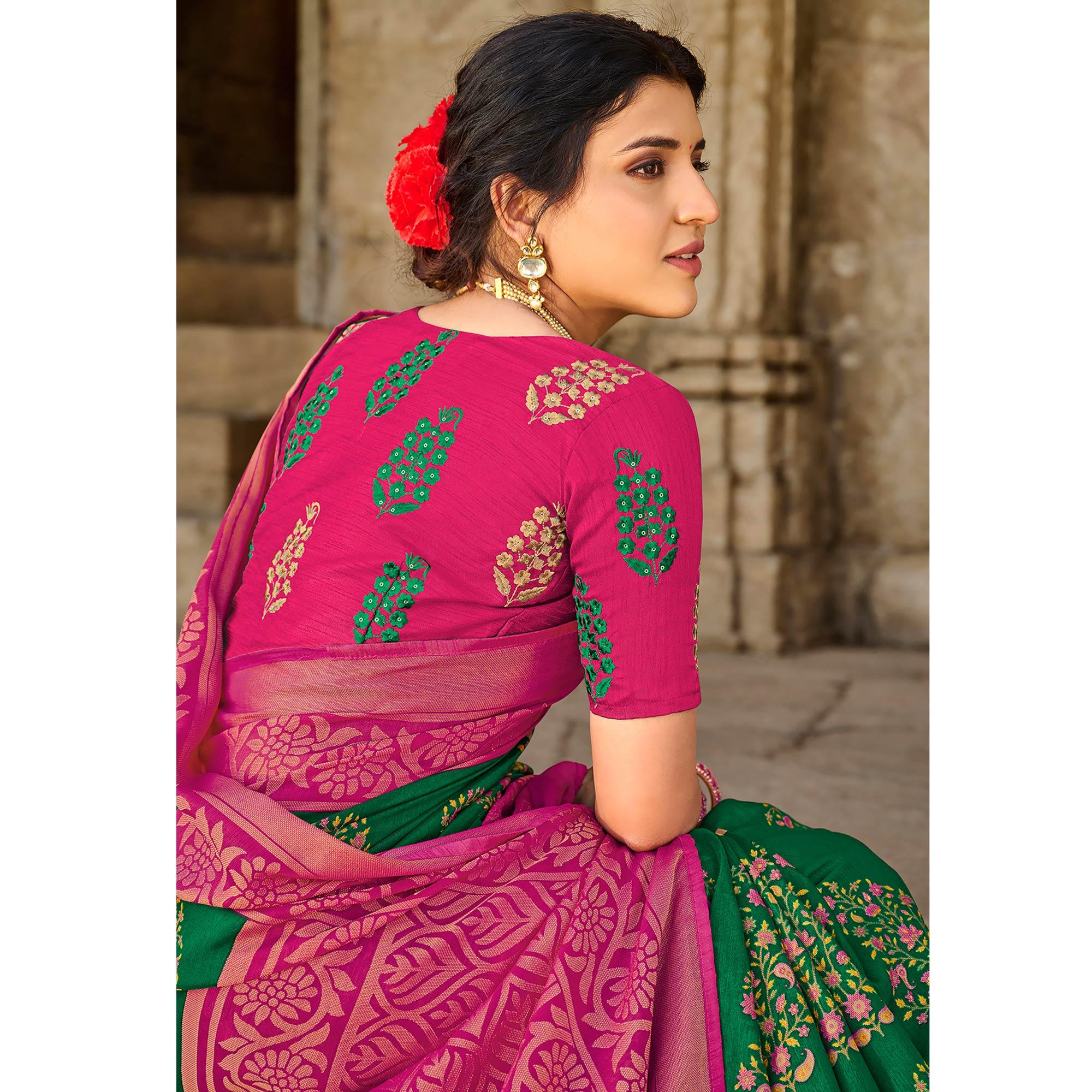 Green Printed Art Silk Saree With Tassels - Peachmode