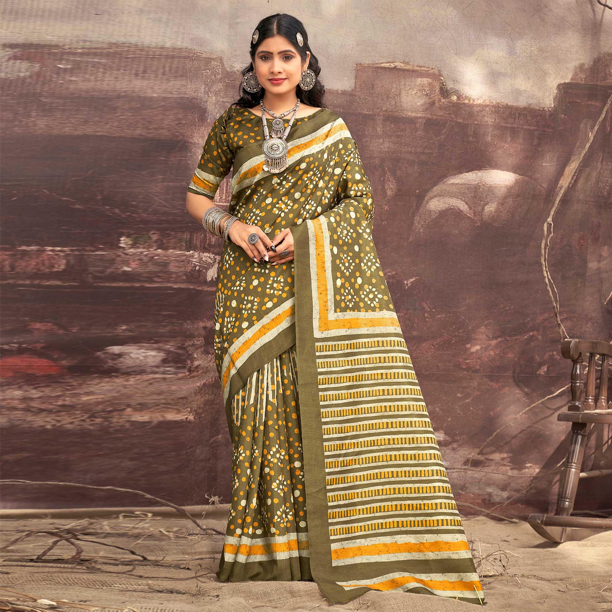 Green Printed Bhagalpuri Silk Saree - Peachmode