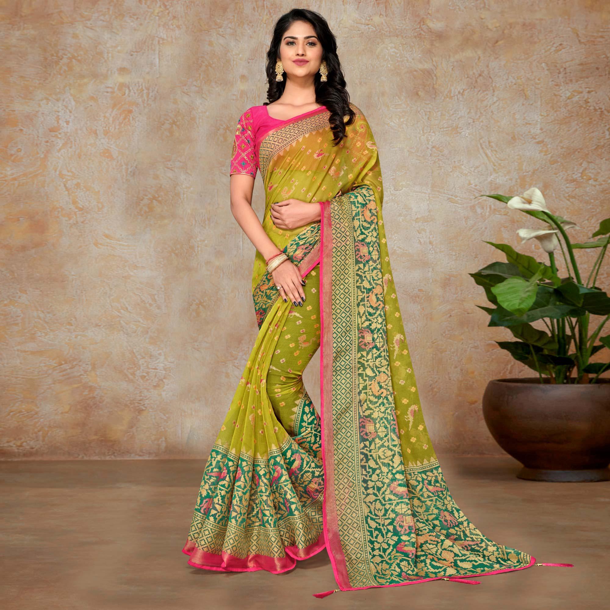 Green Printed Brasso Saree - Peachmode