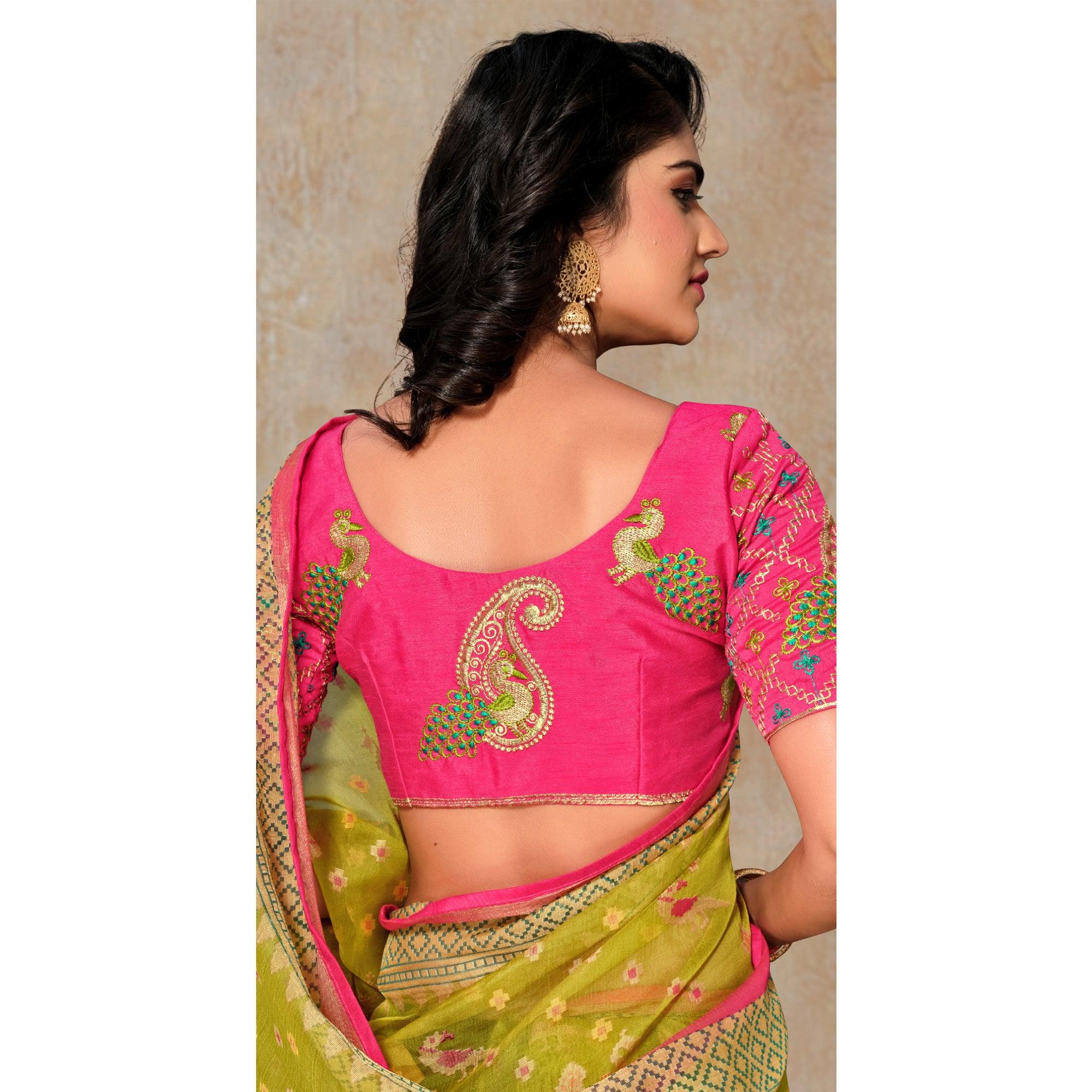 Green Printed Brasso Saree - Peachmode