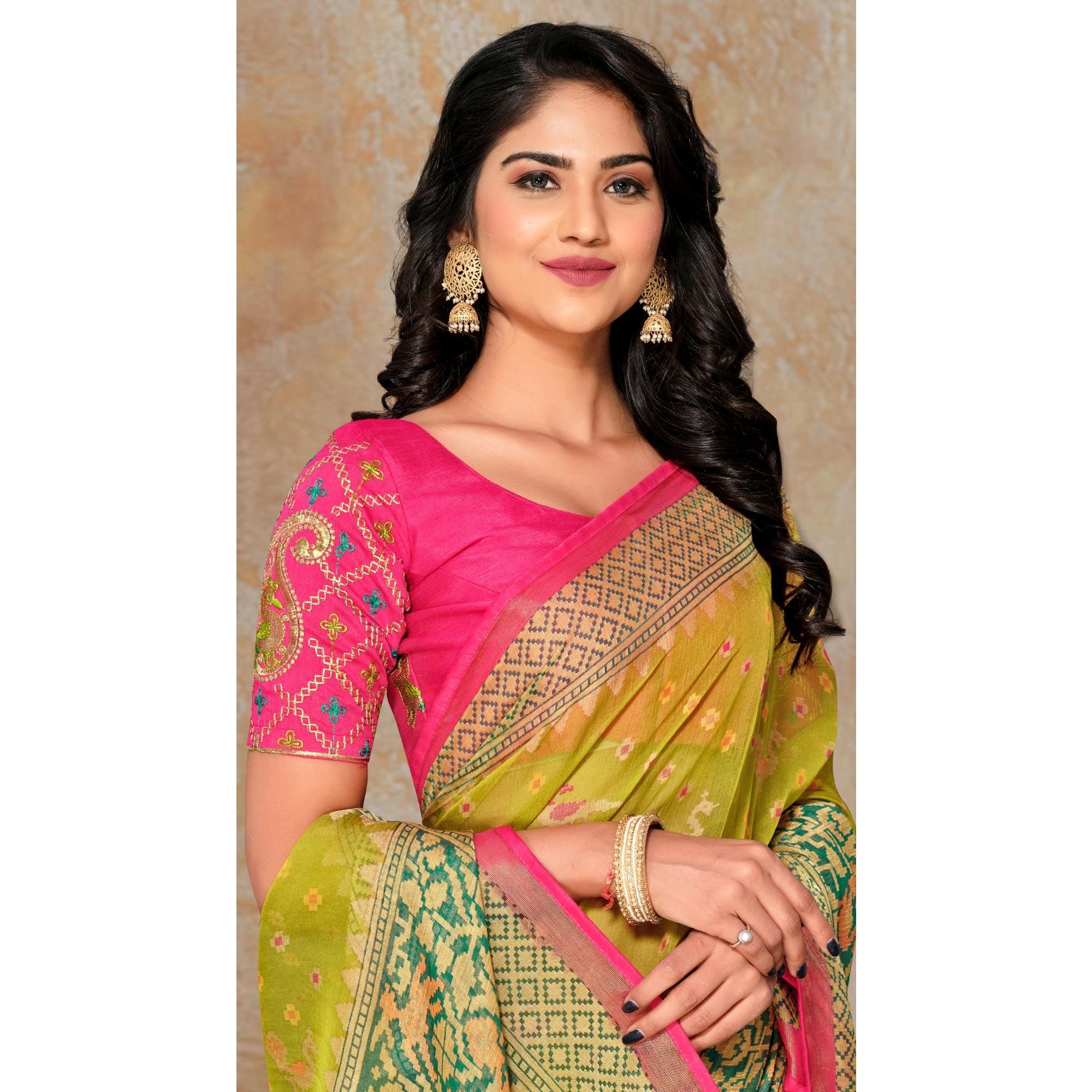 Green Printed Brasso Saree - Peachmode