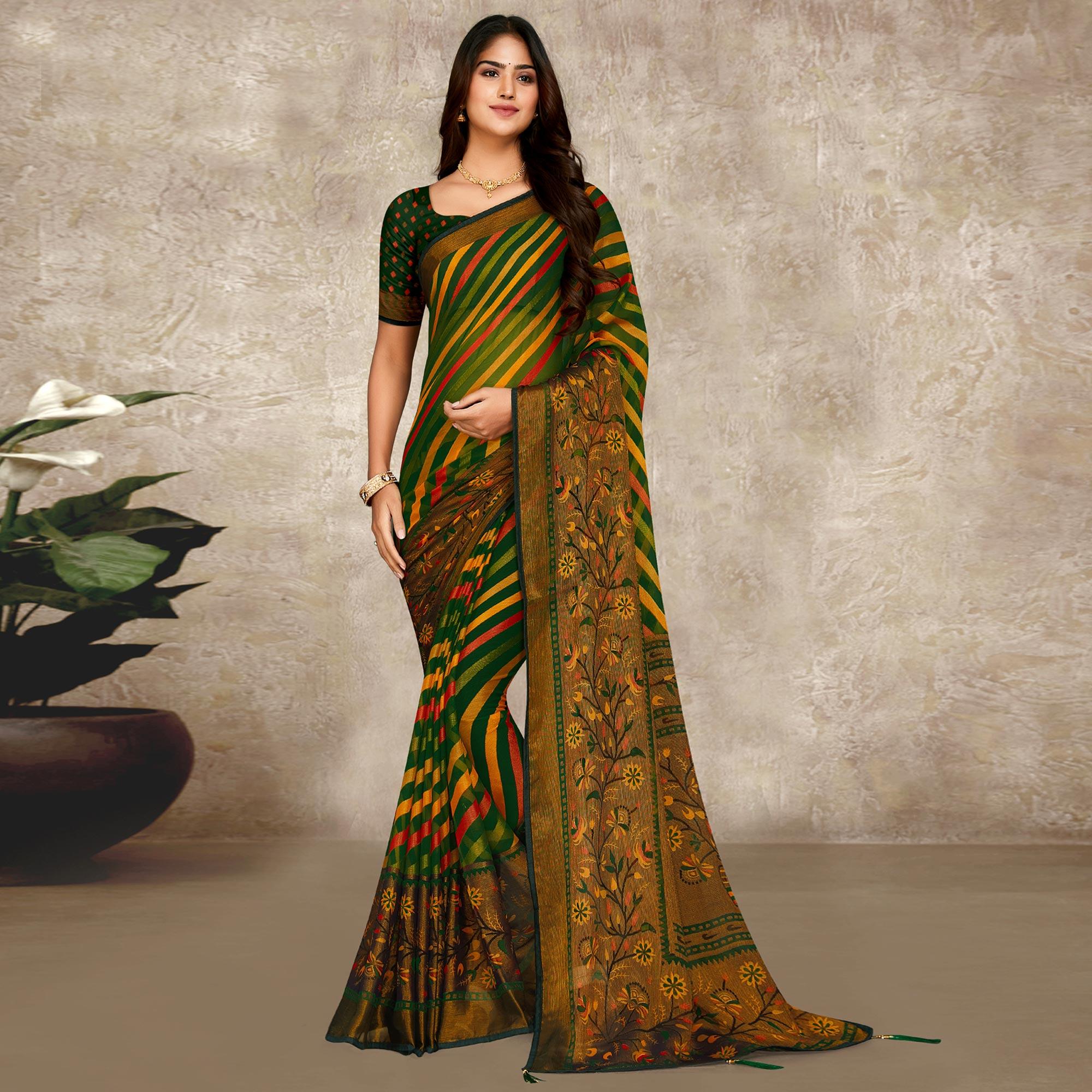 Green Printed Brasso Saree With Tassels - Peachmode