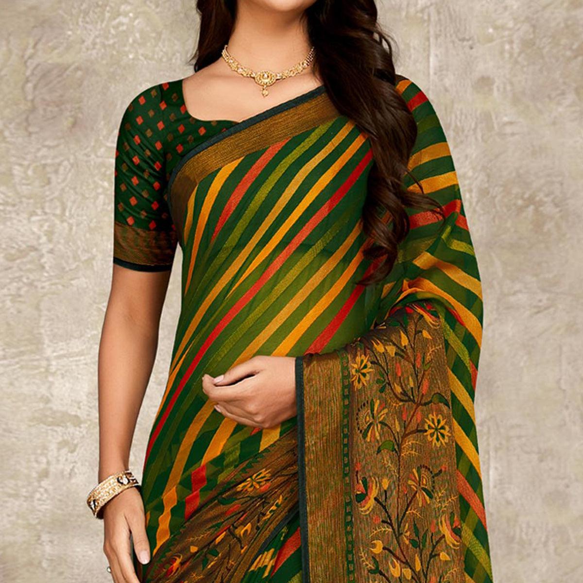 Green Printed Brasso Saree With Tassels - Peachmode