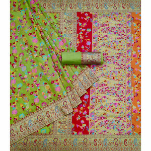 Green Printed Chanderi Saree - Peachmode