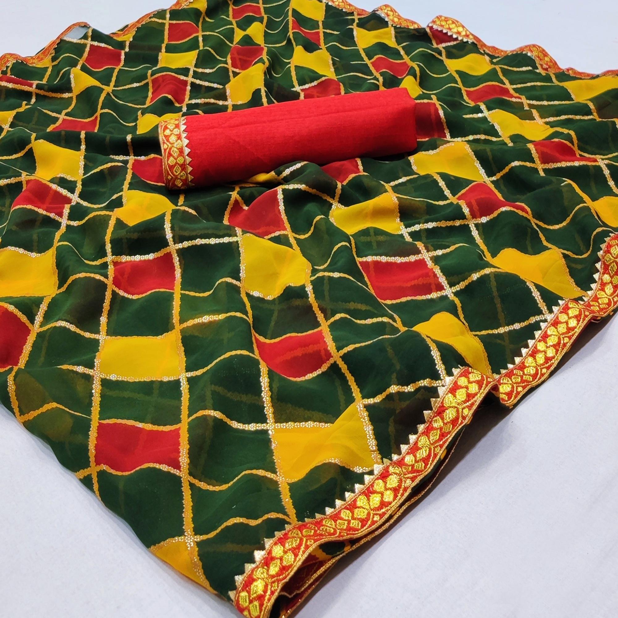 Green Printed Chiffon Saree - Peachmode