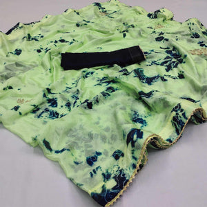 Green Printed Chiffon Saree - Peachmode