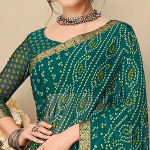 Green Printed Chiffon Saree with Banarasi Border - Peachmode