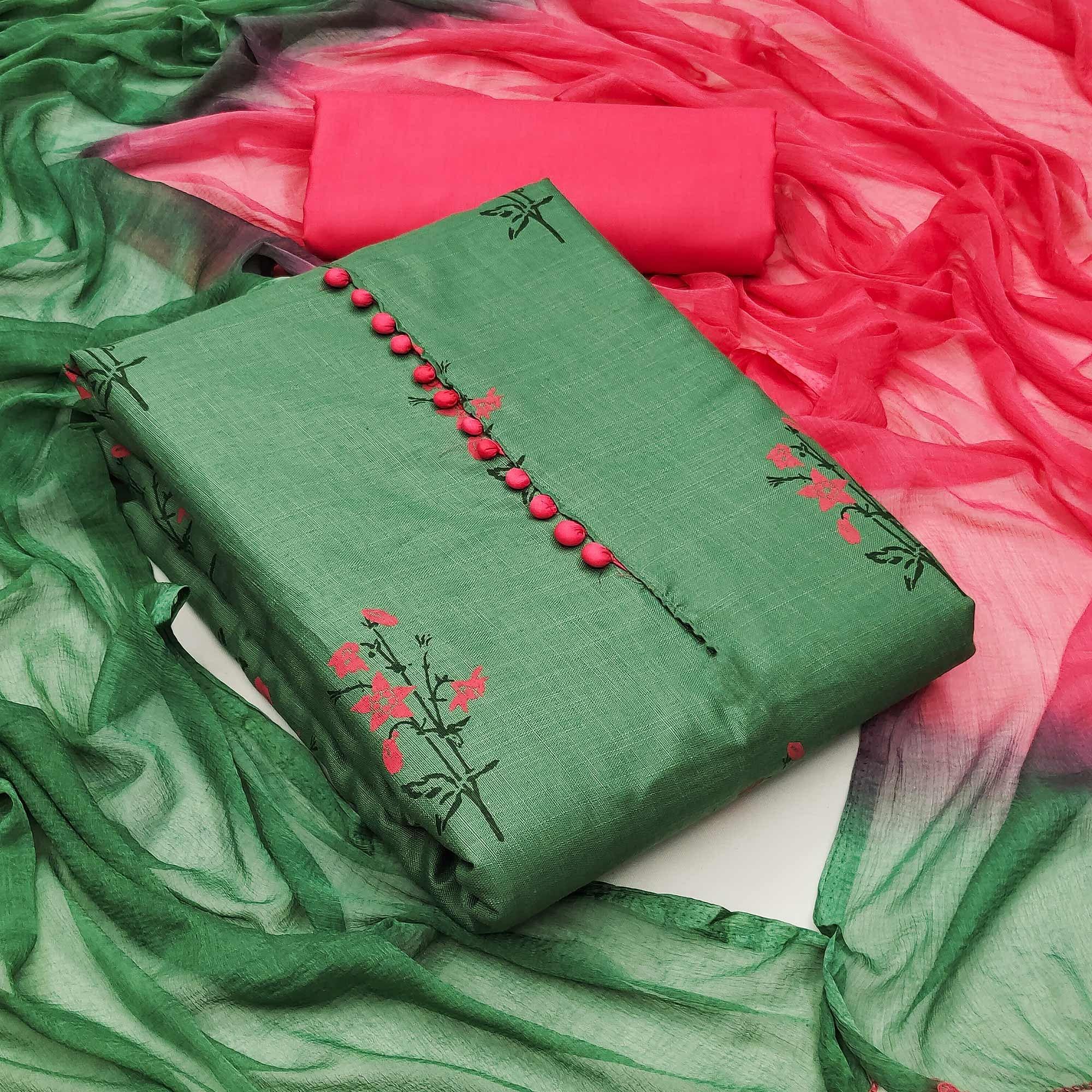 Green Printed Cotton Dress Material - Peachmode