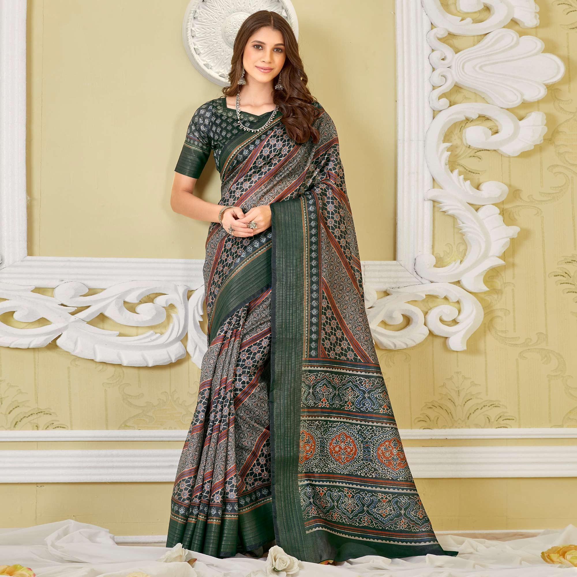 Green Printed Cotton Saree - Peachmode