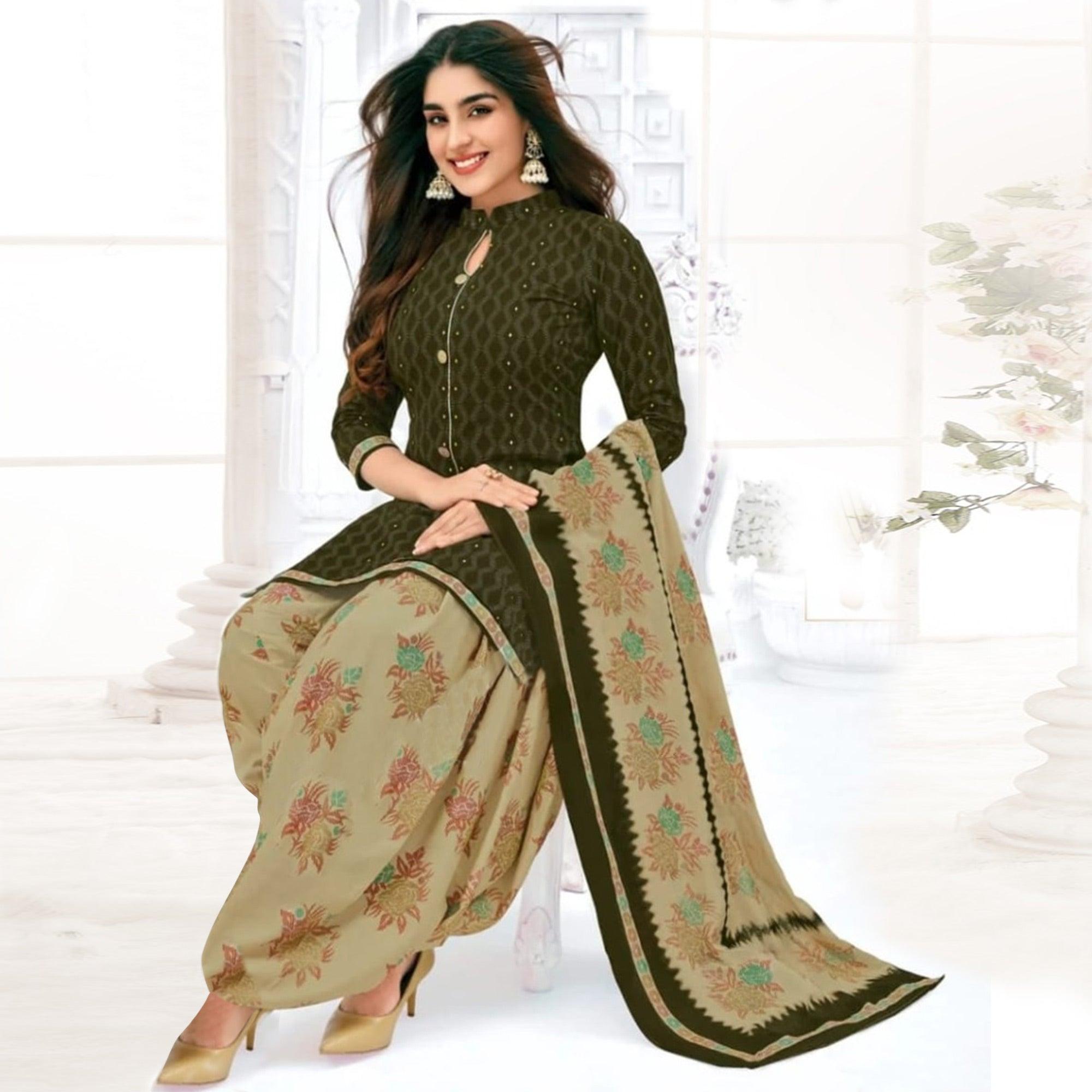Green Printed Crepe Patiala Dress Material - Peachmode
