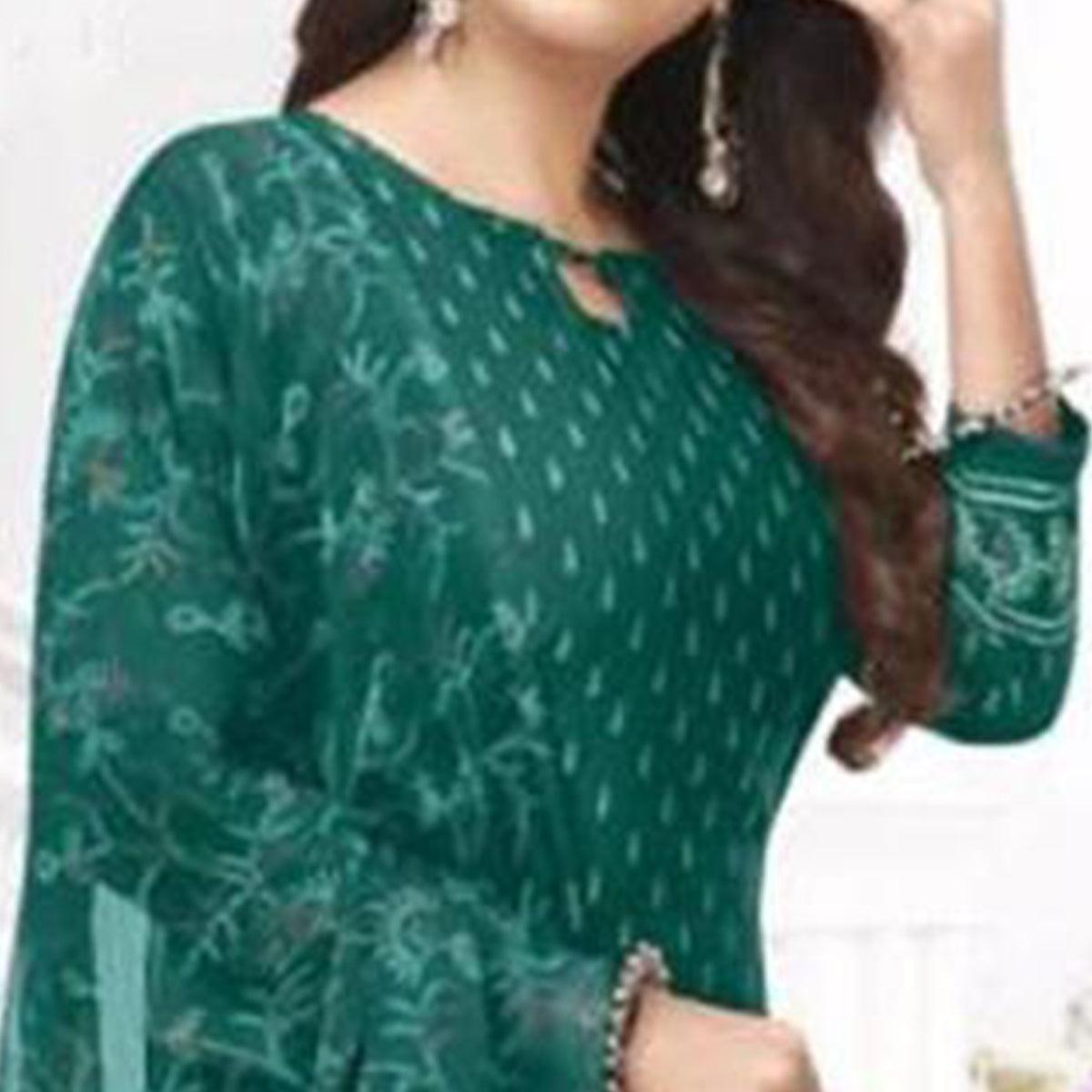 Green Printed Crepe Patiala Dress Material - Peachmode
