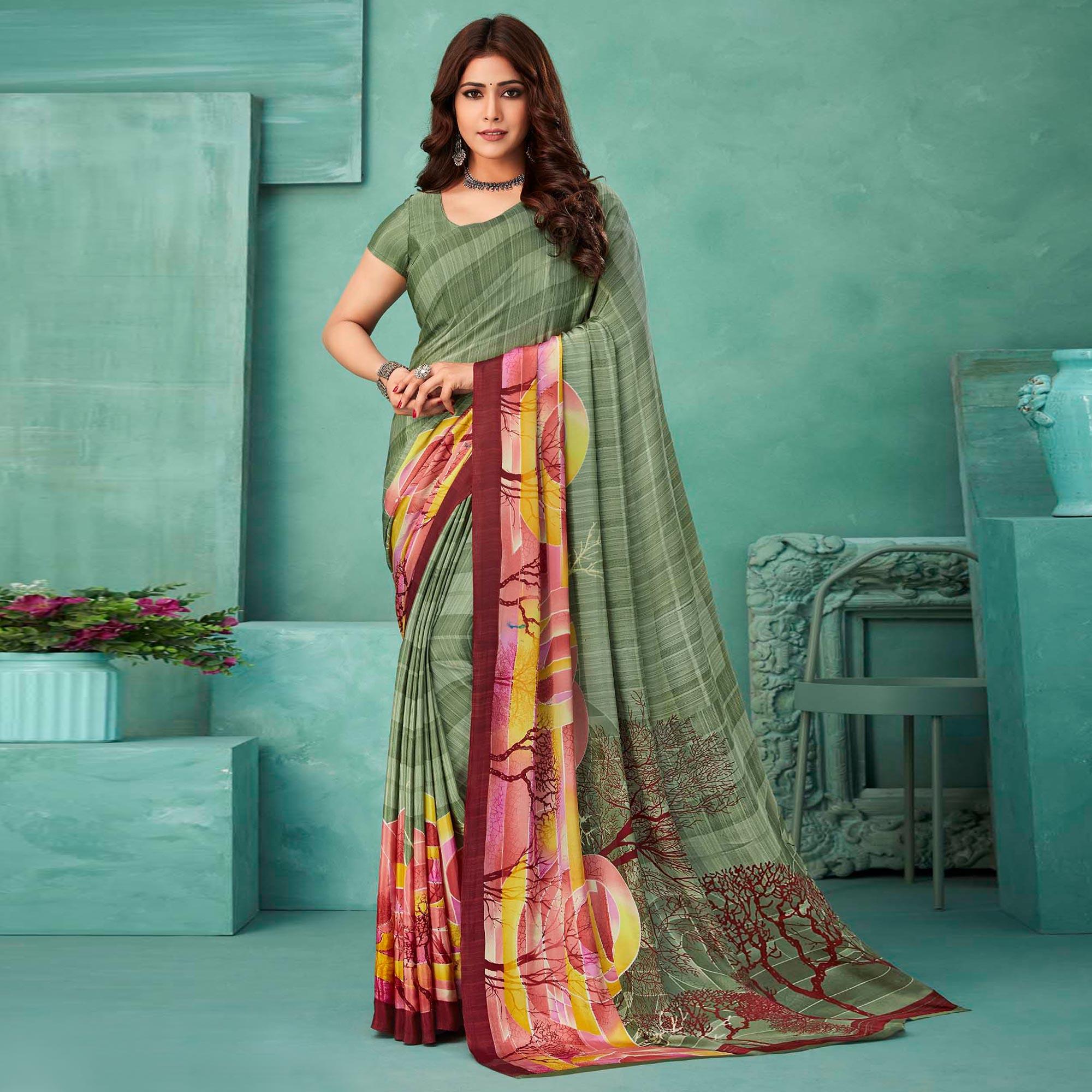 Green Printed Crepe Saree - Peachmode