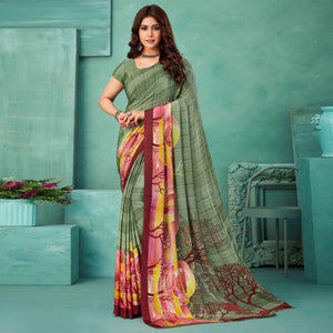 Green Printed Crepe Saree - Peachmode