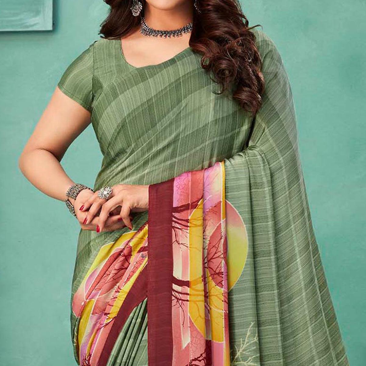 Green Printed Crepe Saree - Peachmode