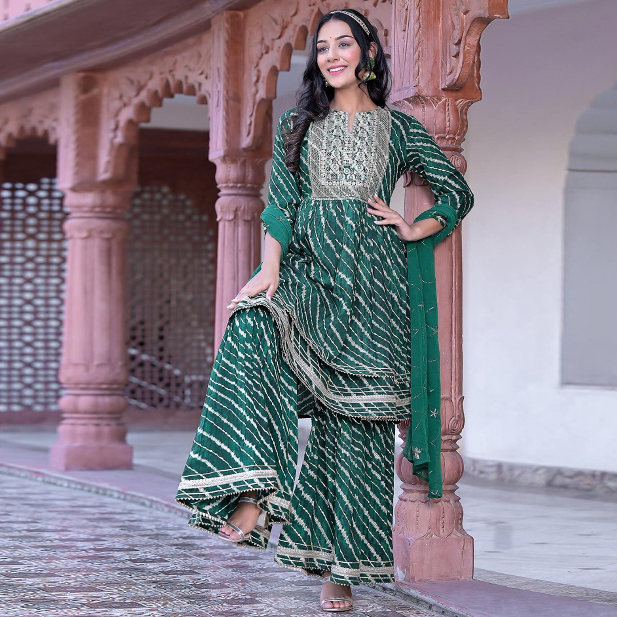 Green Printed-Embroidered Rayon Sharara Suit - Peachmode