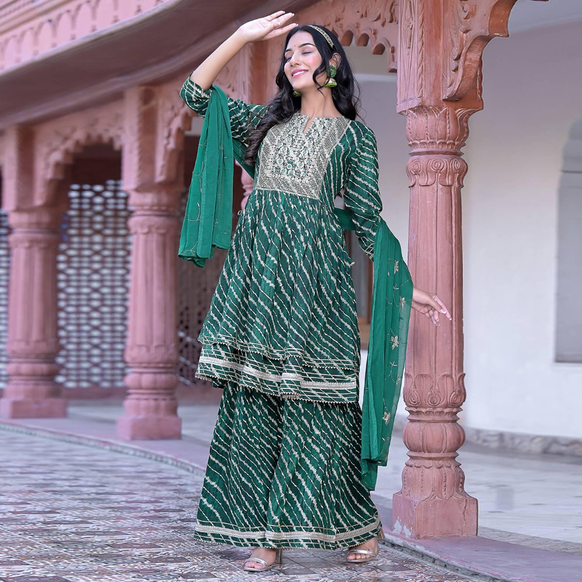 Green Printed-Embroidered Rayon Sharara Suit - Peachmode