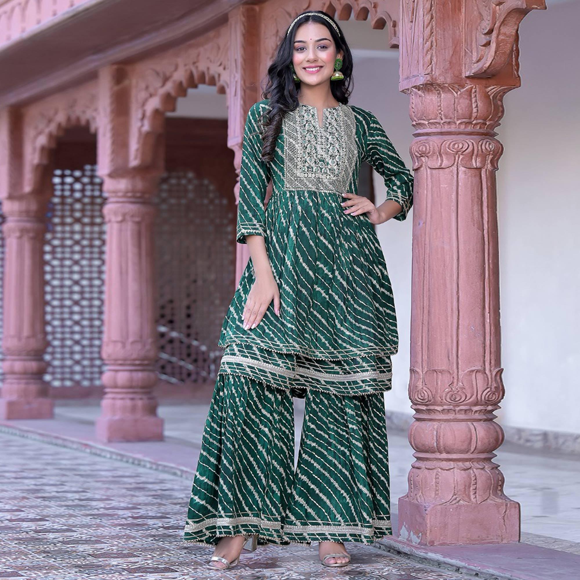 Green Printed-Embroidered Rayon Sharara Suit - Peachmode