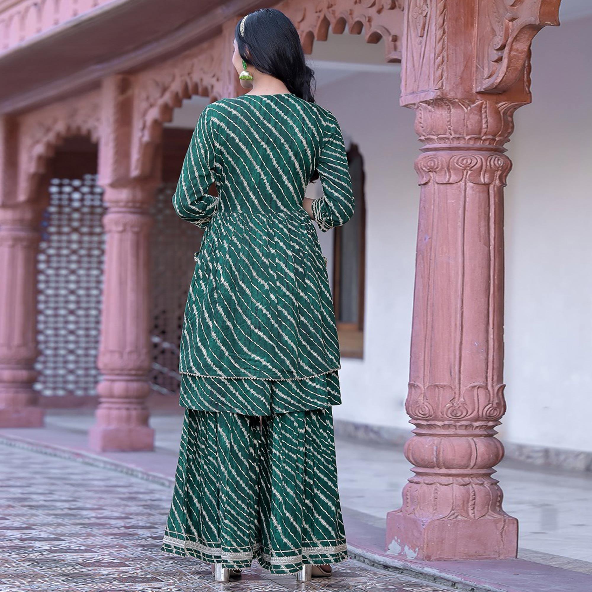 Green Printed-Embroidered Rayon Sharara Suit - Peachmode