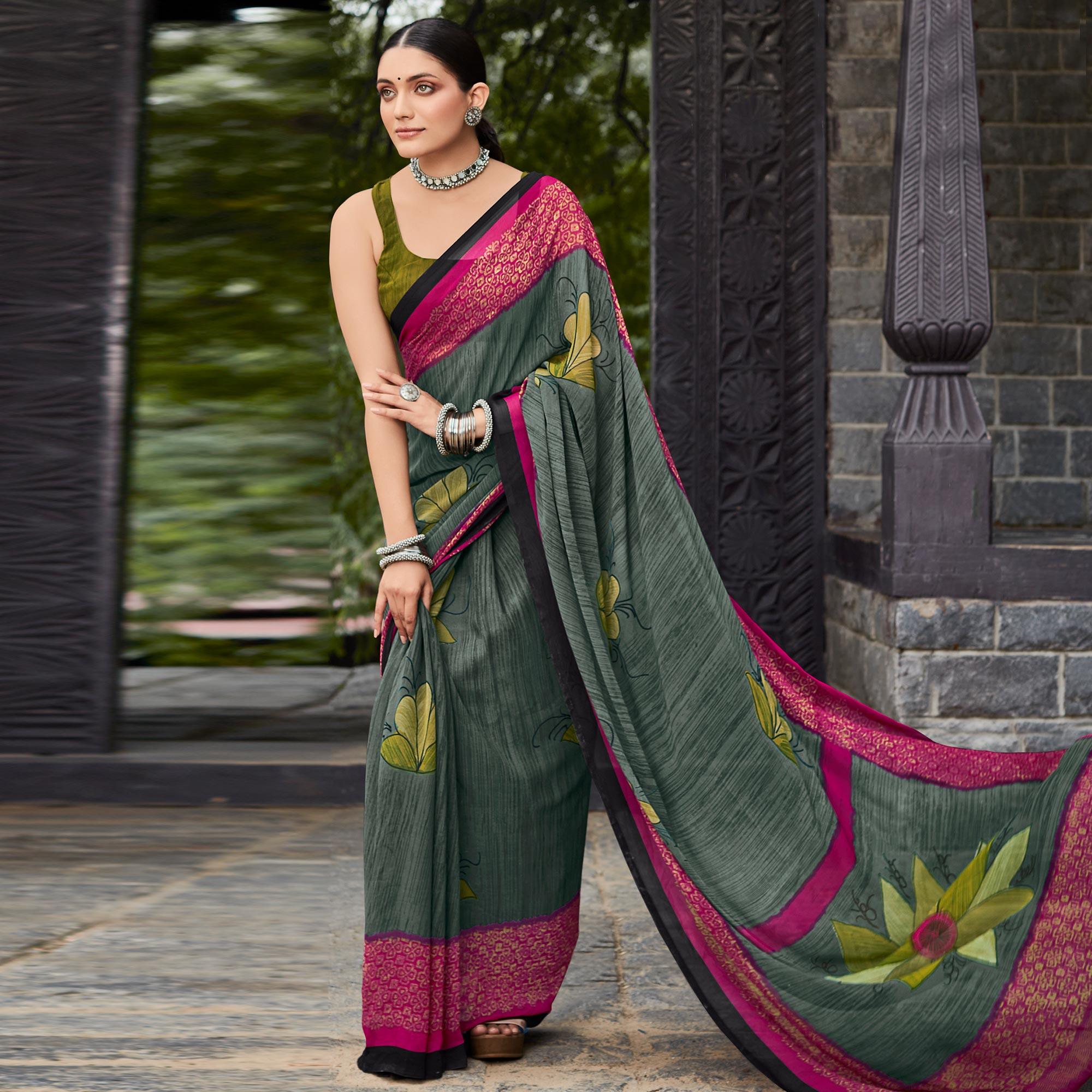 Green Printed Geoergette Saree - Peachmode
